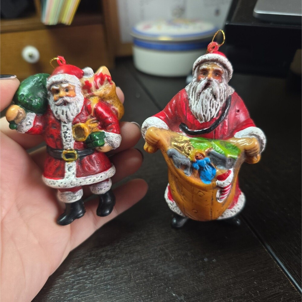 Two Vintage Blow Mold Santa Claus Christmas Tree Ornaments Old World Folk